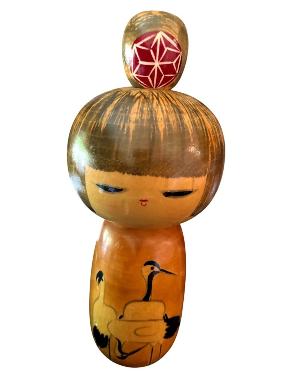 Vtg Japanese Sosaku Kokeshi Doll Crane Motif Chonmage Topknot - 9" Tall - Picture 2 of 6